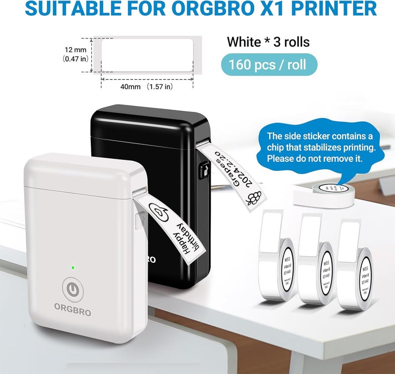 ARGBROW X1 Label Maker Tape, Genuine Thermal Label Print Paper 0.47"×1.57"(12×40mm), Standard Laminated Office Labeling Tape Replacement, 160 Tapes/Roll, 3-Roll, White - Image 2